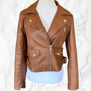 Love Tree Vegan Brown Leather Motorcycle Jacket Size Medium